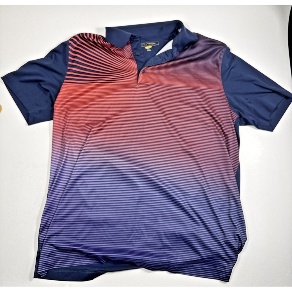 Greg Norman Play Dry Mens XL Polo Shirt Navy Blue Red Purple Gradient Sunburst